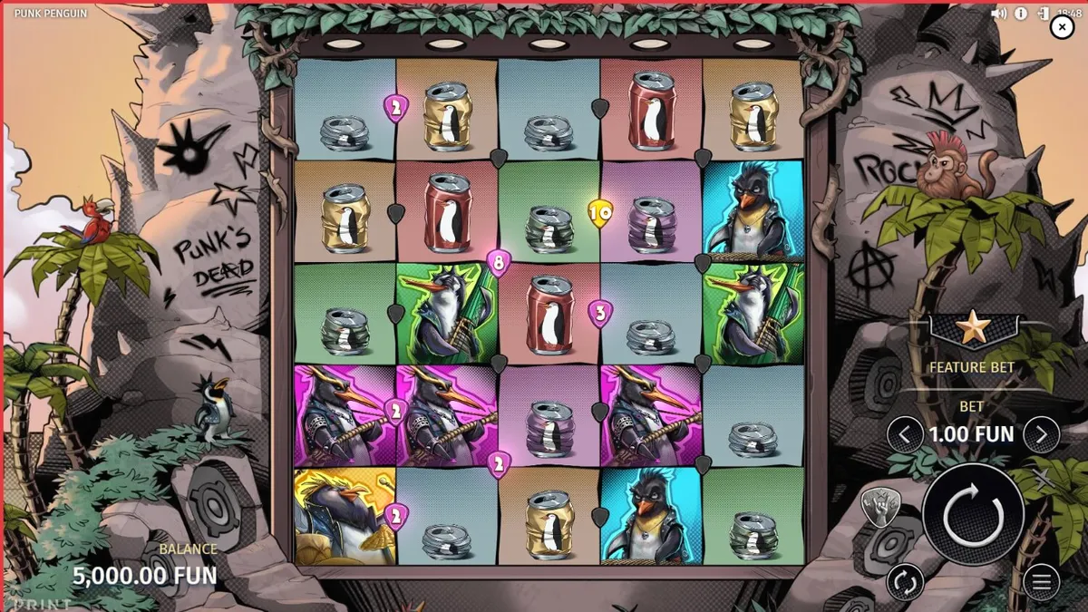 Visual slot Punk Penguin dengan tema konser punk dan penguin pemberontak