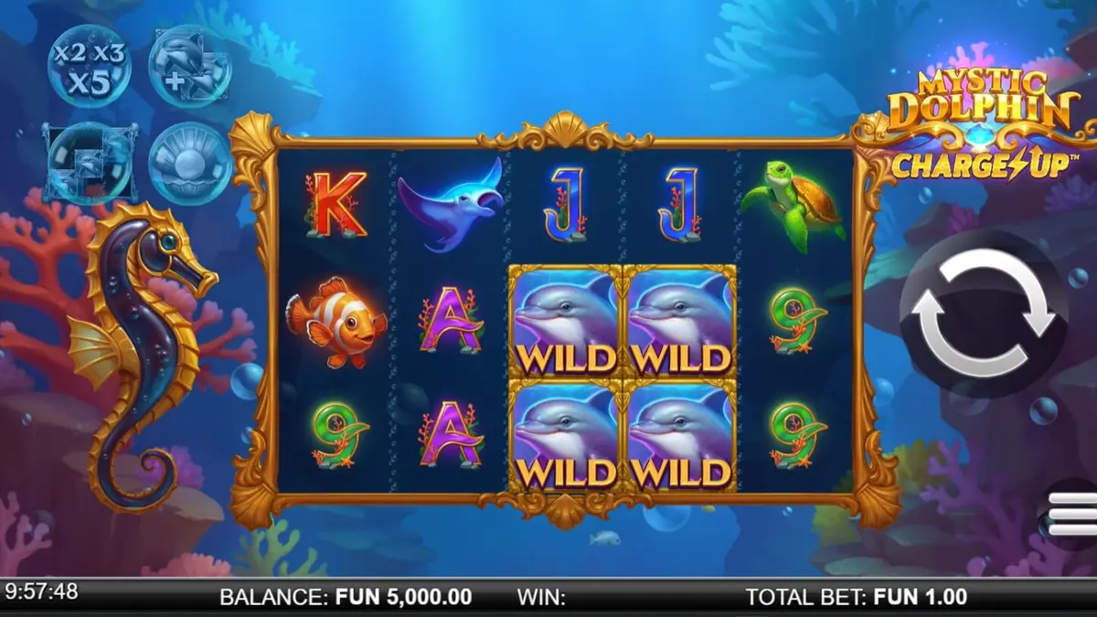 Tampilan visual slot Mystic Dolphin Charge Up dengan tema bawah laut yang memukau
